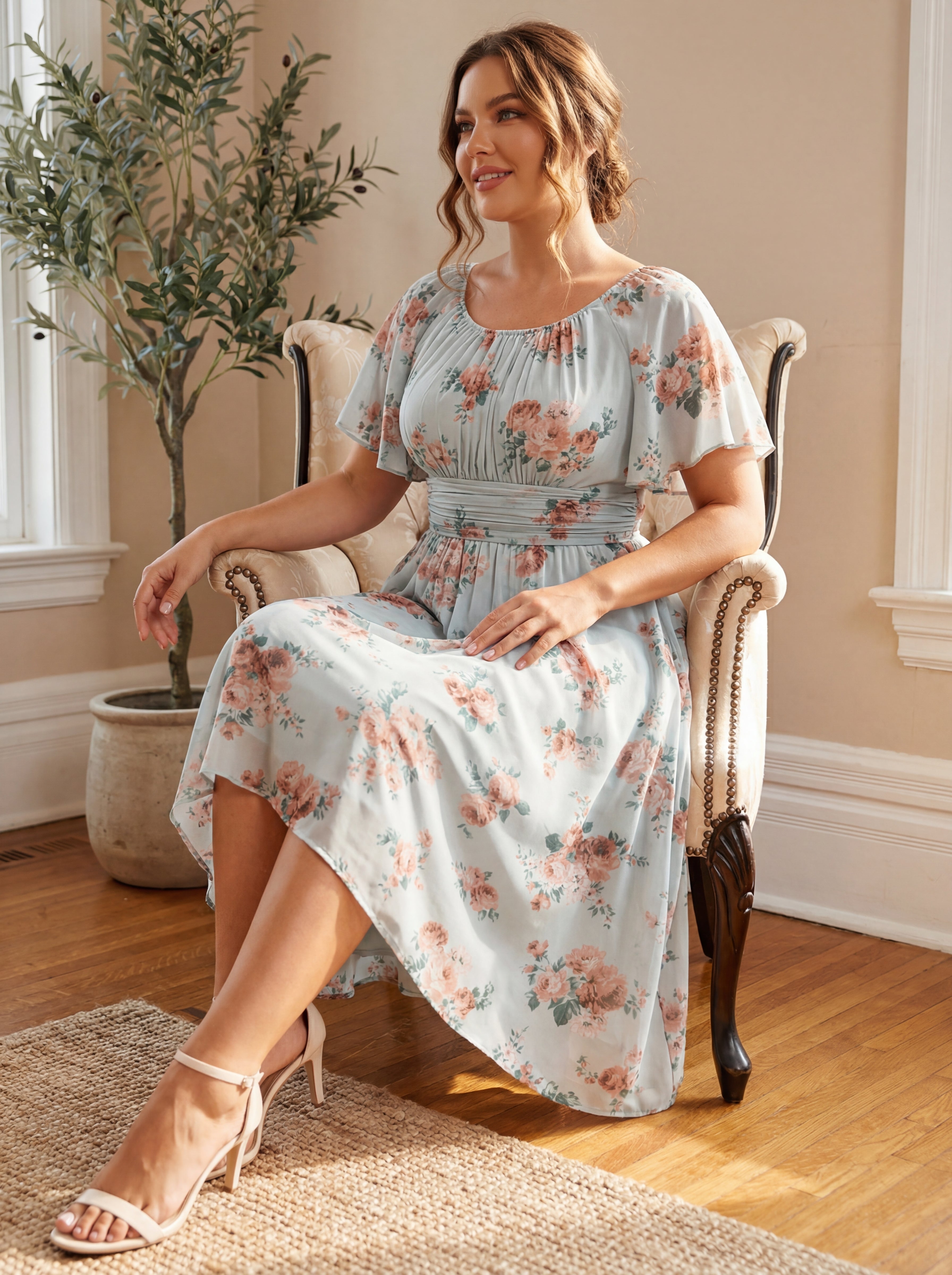 pretty EDEN|Plus Size Pleated Round Neckline A-Line Midi Chiffon Wedding Guest Dress