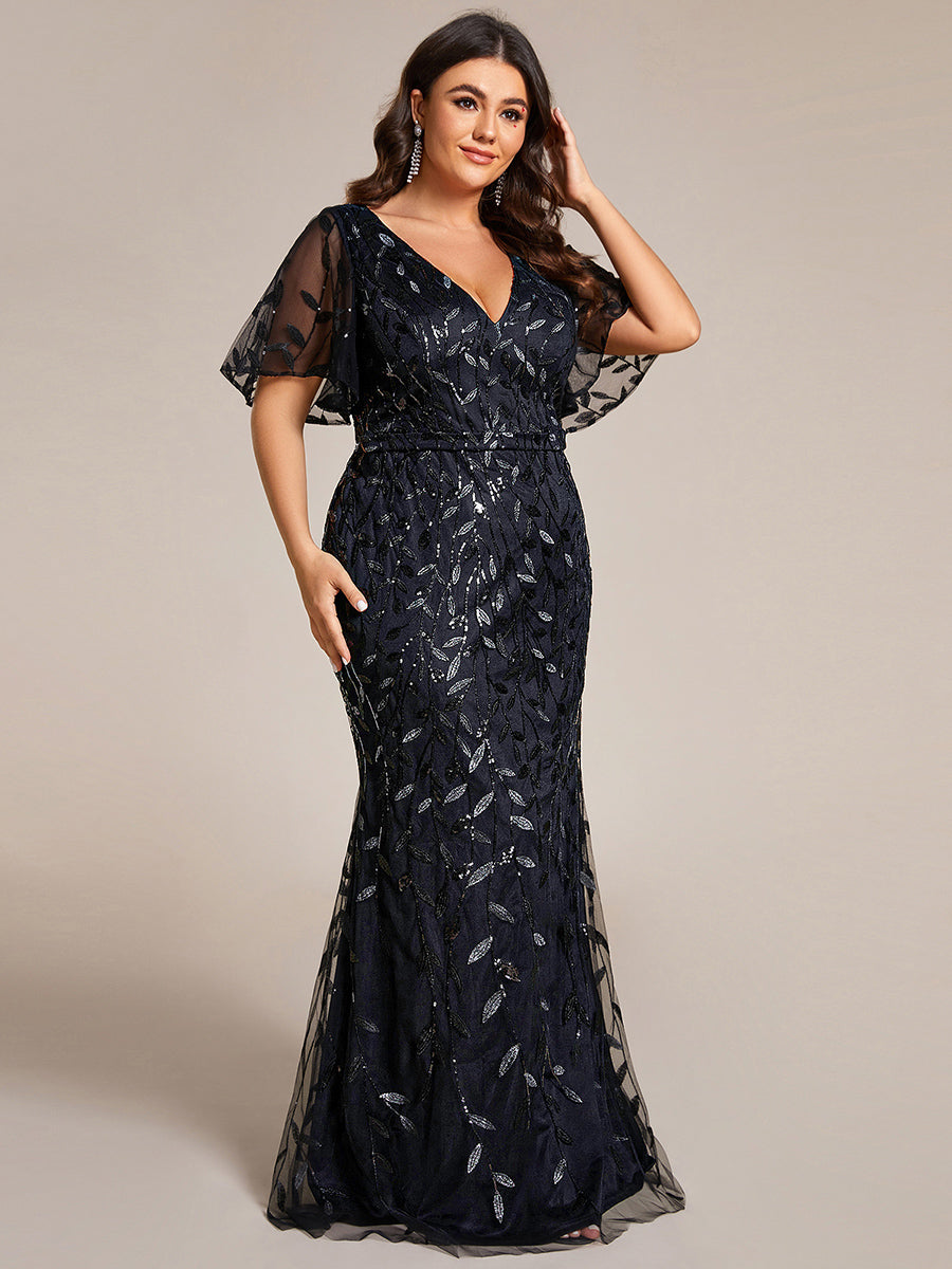 pretty DIONE|Fashion Plus Size V Neck Mermaid Sequin & Tulle Evening Dress
