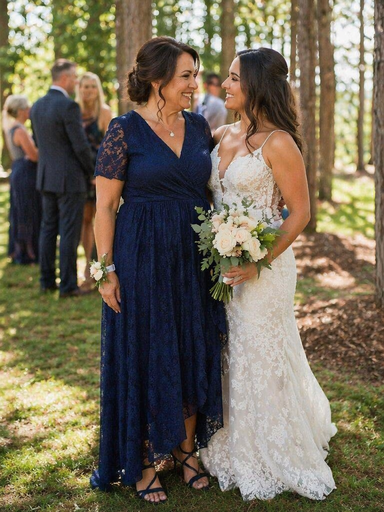 pretty ELISE|Plus Size Short Sleeve Ruffled V-Neck A-Line Lace Wedding Guest Dress
