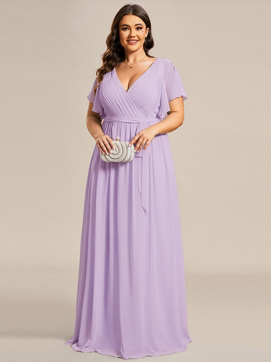 pretty LEORA|Plus Size Pleated Tie-Waist Chiffon Bridesmaid Dress