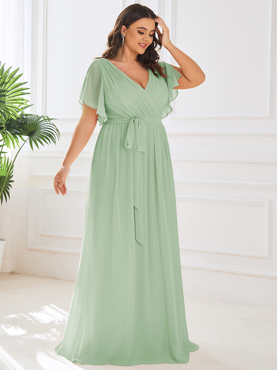 pretty LEORA|Plus Size Pleated Tie-Waist Chiffon Bridesmaid Dress
