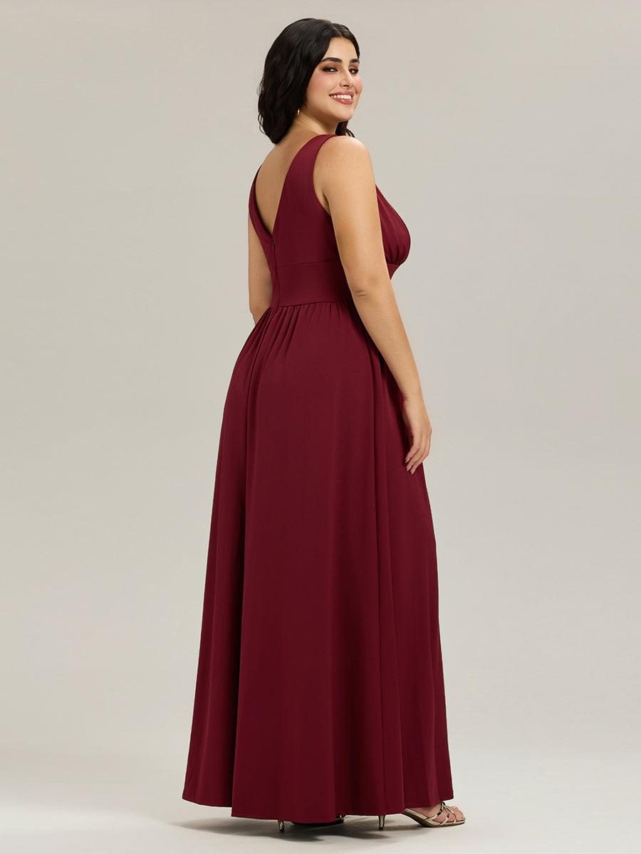 pretty SORAYA|Plus Size Sleeveless V-Neck Empire Waist High Slit Floor-Length Evening Dress