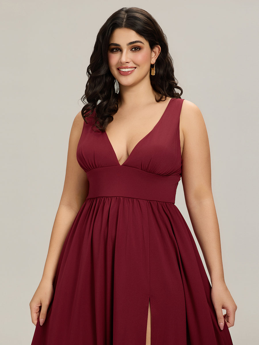 pretty SORAYA|Plus Size Sleeveless V-Neck Empire Waist High Slit Floor-Length Evening Dress