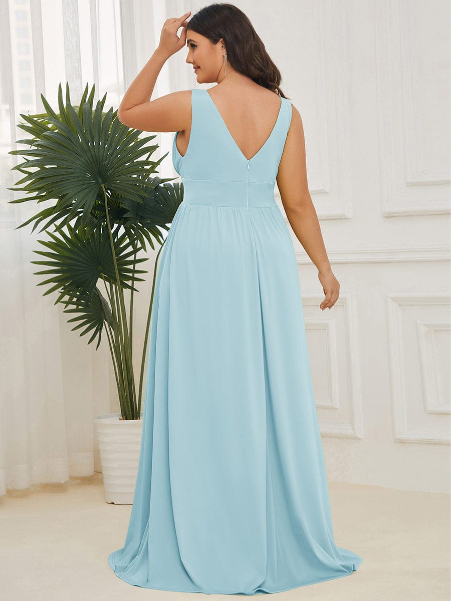 pretty SORAYA|Plus Size Sleeveless V-Neck Empire Waist High Slit Floor-Length Evening Dress