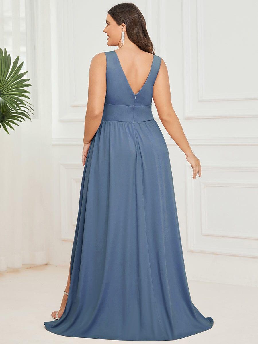 pretty SORAYA|Plus Size Sleeveless V-Neck Empire Waist High Slit Floor-Length Evening Dress