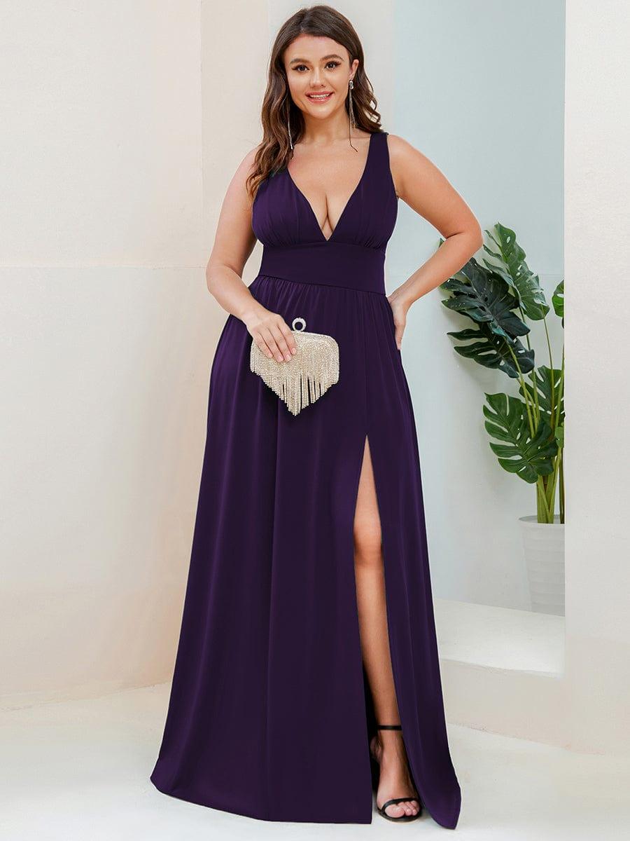 pretty SORAYA|Plus Size Sleeveless V-Neck Empire Waist High Slit Floor-Length Evening Dress