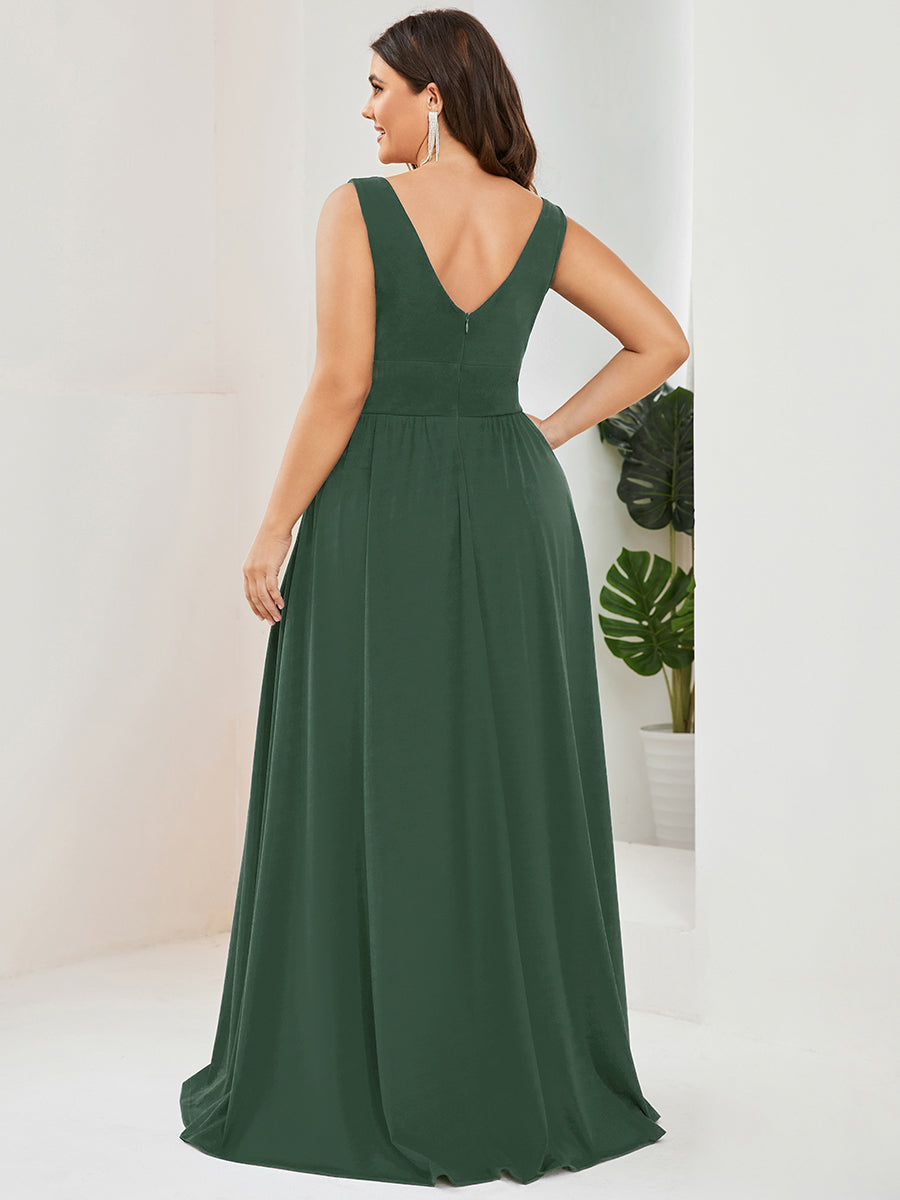 pretty SORAYA|Plus Size Sleeveless V-Neck Empire Waist High Slit Floor-Length Evening Dress