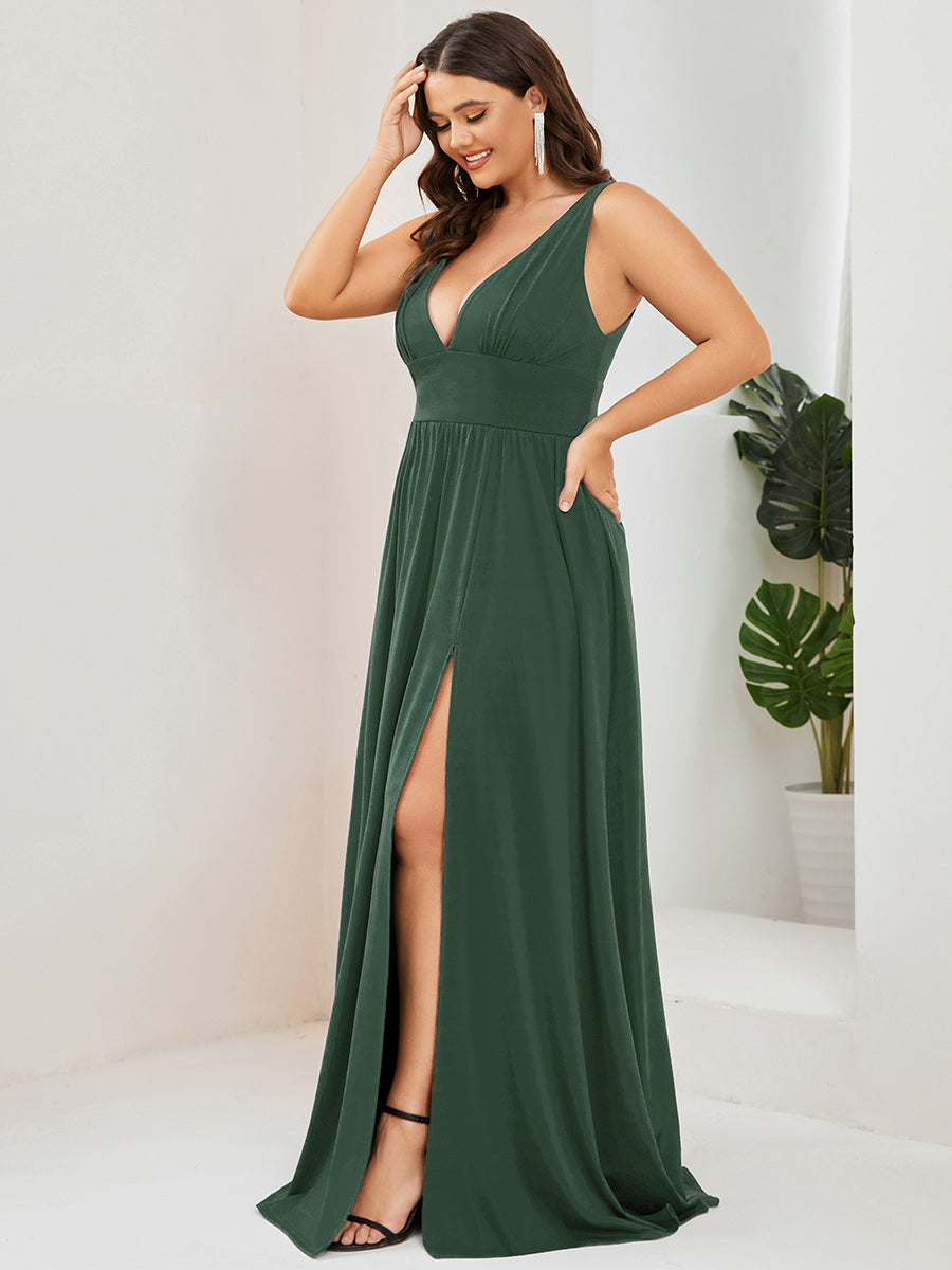 pretty SORAYA|Plus Size Sleeveless V-Neck Empire Waist High Slit Floor-Length Evening Dress