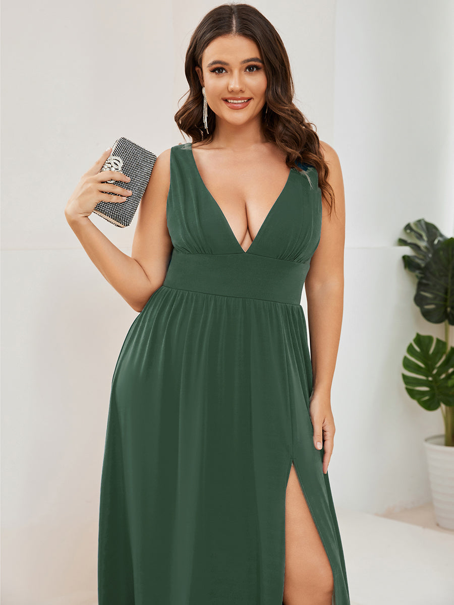 pretty SORAYA|Plus Size Sleeveless V-Neck Empire Waist High Slit Floor-Length Evening Dress