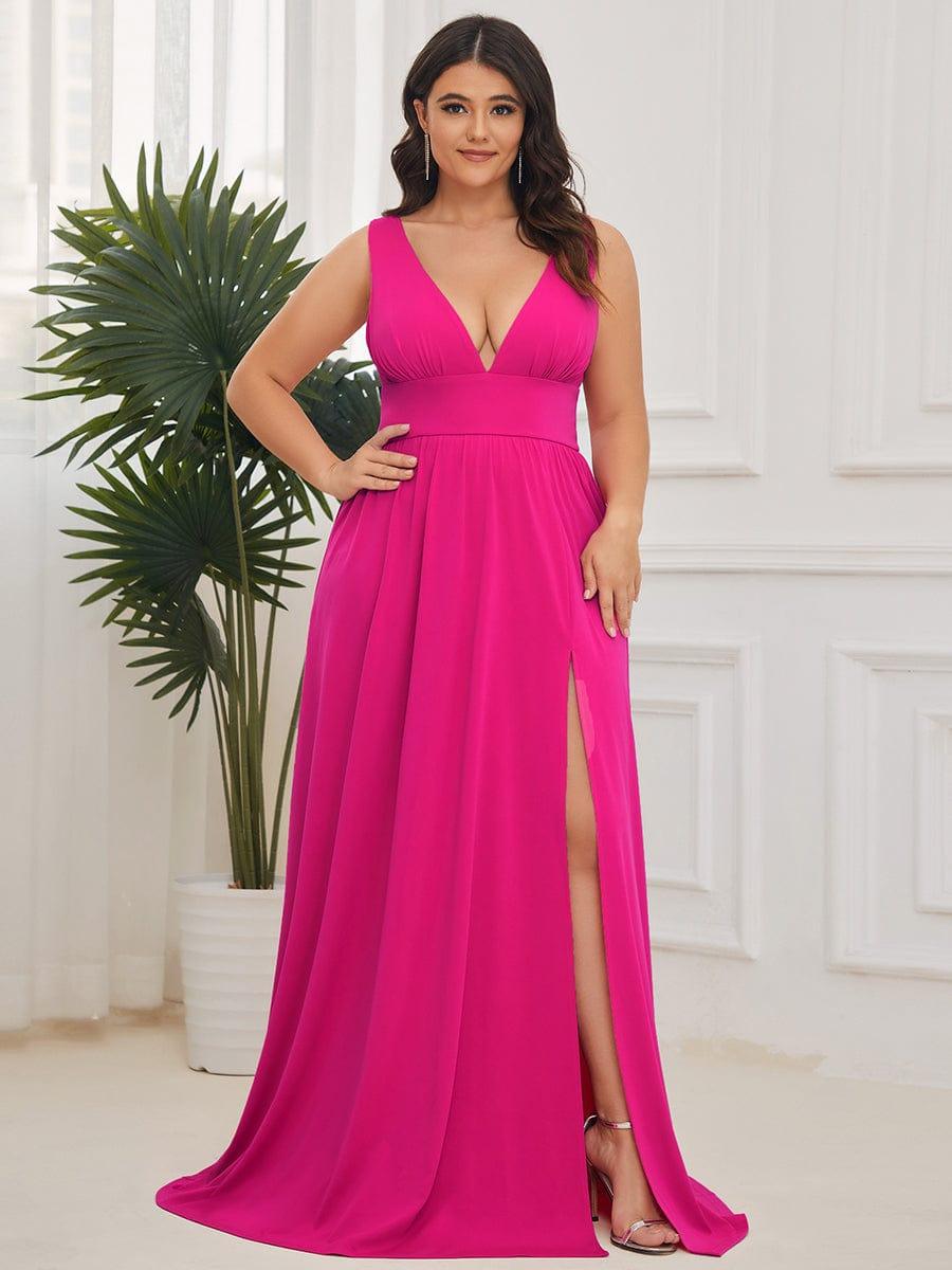 pretty SORAYA|Plus Size Sleeveless V-Neck Empire Waist High Slit Floor-Length Evening Dress
