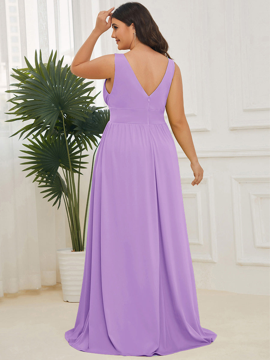 pretty SORAYA|Plus Size Sleeveless V-Neck Empire Waist High Slit Floor-Length Evening Dress