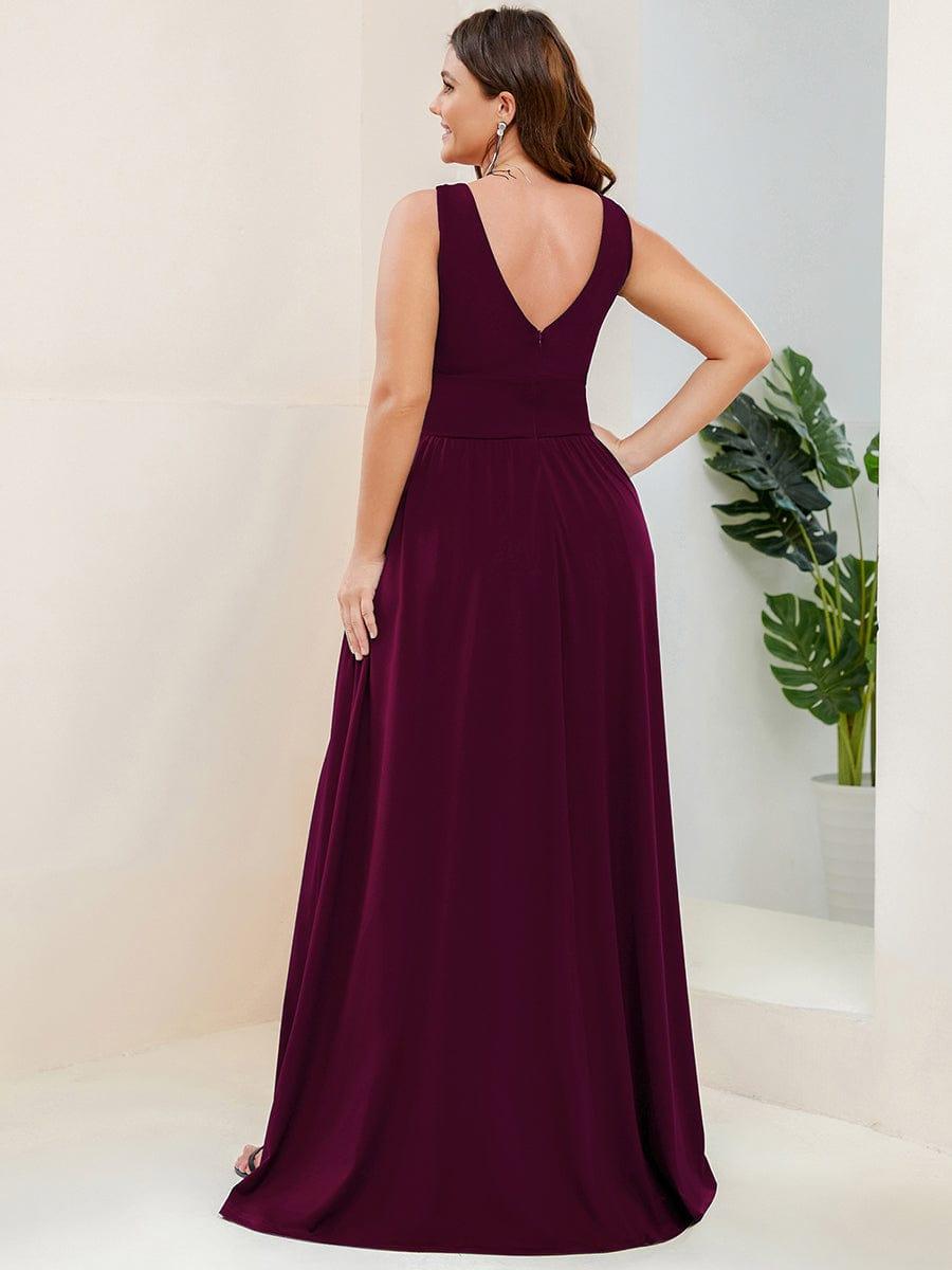pretty SORAYA|Plus Size Sleeveless V-Neck Empire Waist High Slit Floor-Length Evening Dress