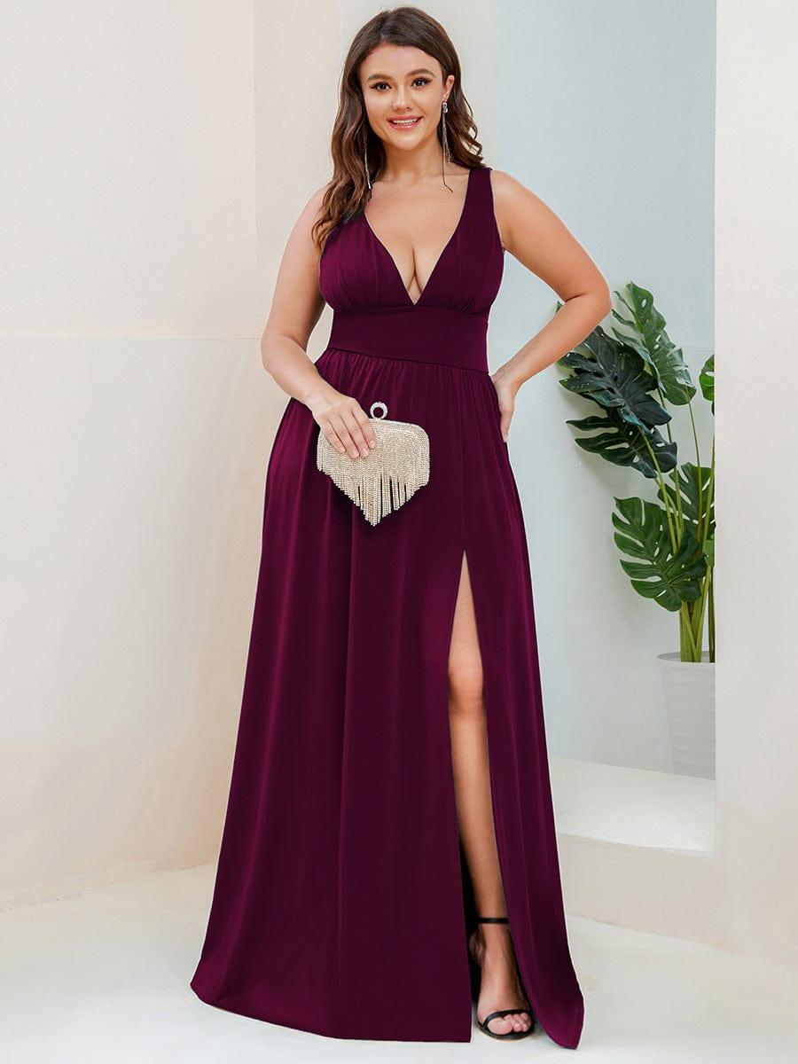 pretty SORAYA|Plus Size Sleeveless V-Neck Empire Waist High Slit Floor-Length Evening Dress