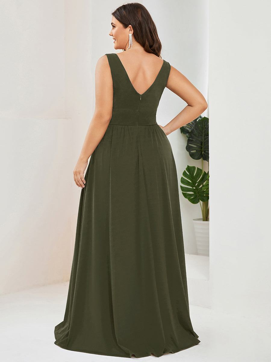 pretty SORAYA|Plus Size Sleeveless V-Neck Empire Waist High Slit Floor-Length Evening Dress