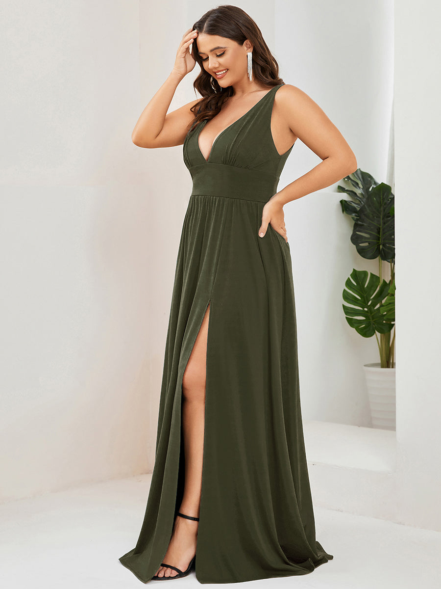 pretty SORAYA|Plus Size Sleeveless V-Neck Empire Waist High Slit Floor-Length Evening Dress