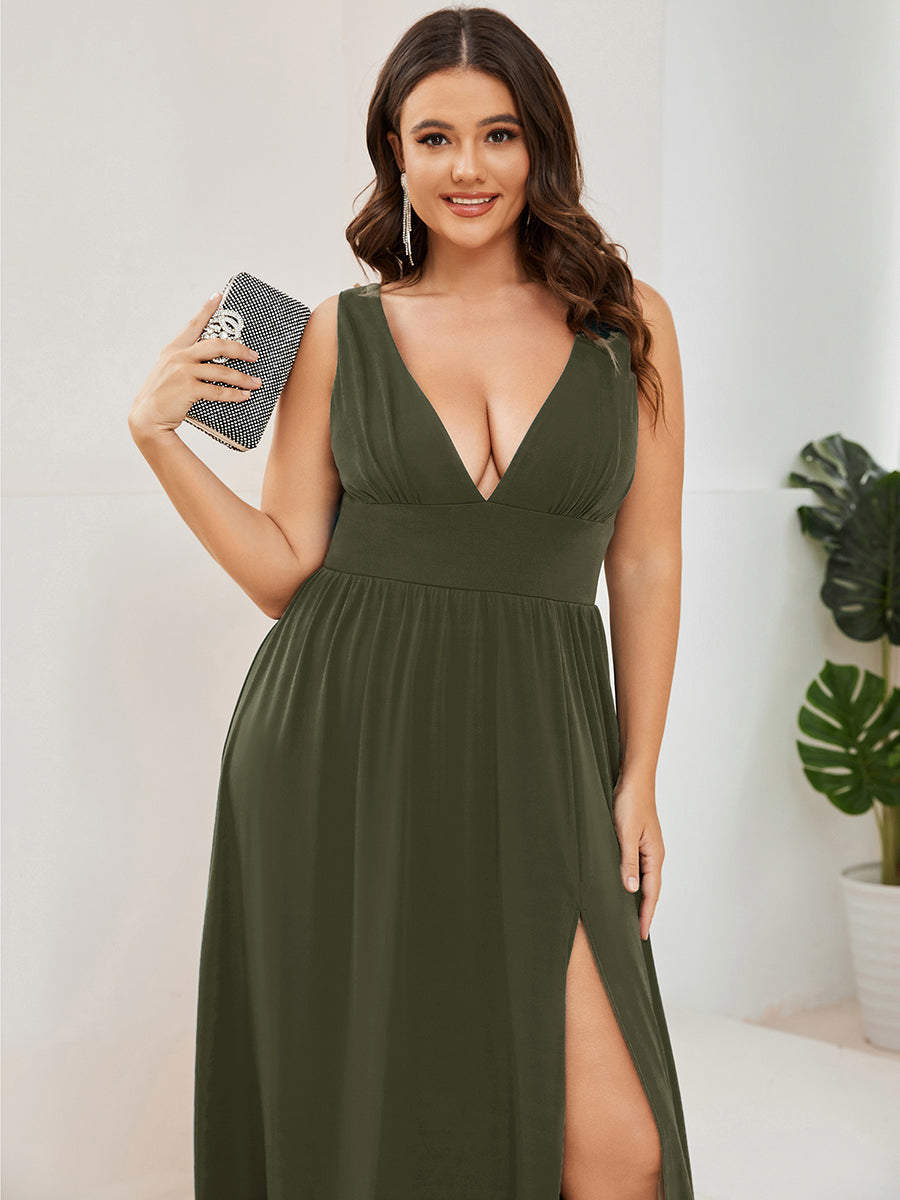 pretty SORAYA|Plus Size Sleeveless V-Neck Empire Waist High Slit Floor-Length Evening Dress