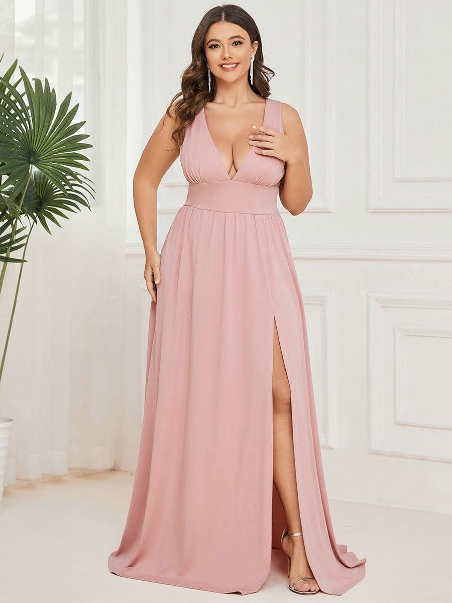 pretty SORAYA|Plus Size Sleeveless V-Neck Empire Waist High Slit Floor-Length Evening Dress