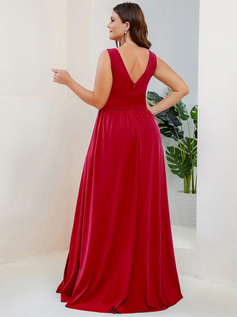 pretty SORAYA|Plus Size Sleeveless V-Neck Empire Waist High Slit Floor-Length Evening Dress