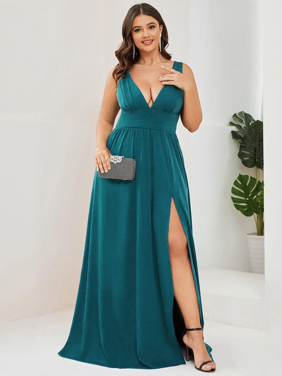 pretty SORAYA|Plus Size Sleeveless V-Neck Empire Waist High Slit Floor-Length Evening Dress