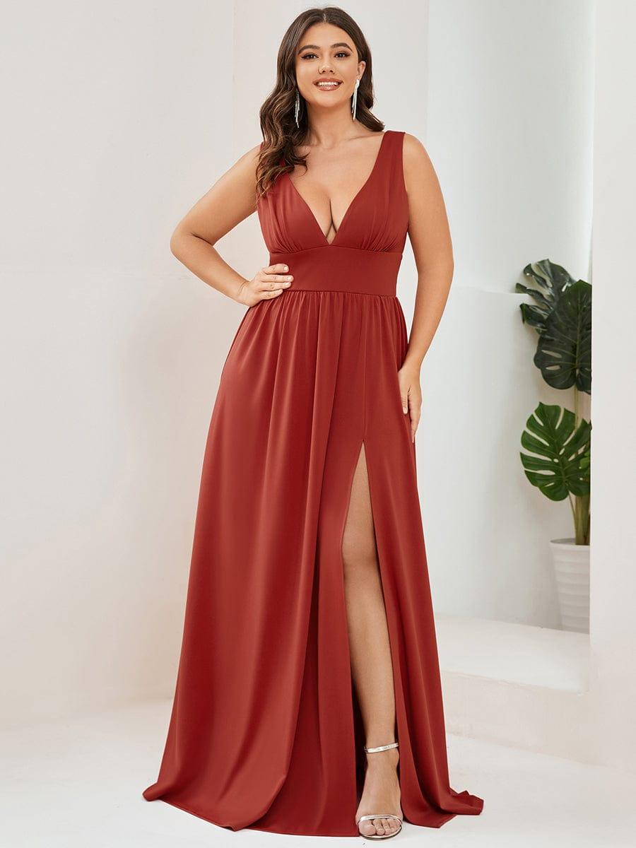 pretty SORAYA|Plus Size Sleeveless V-Neck Empire Waist High Slit Floor-Length Evening Dress