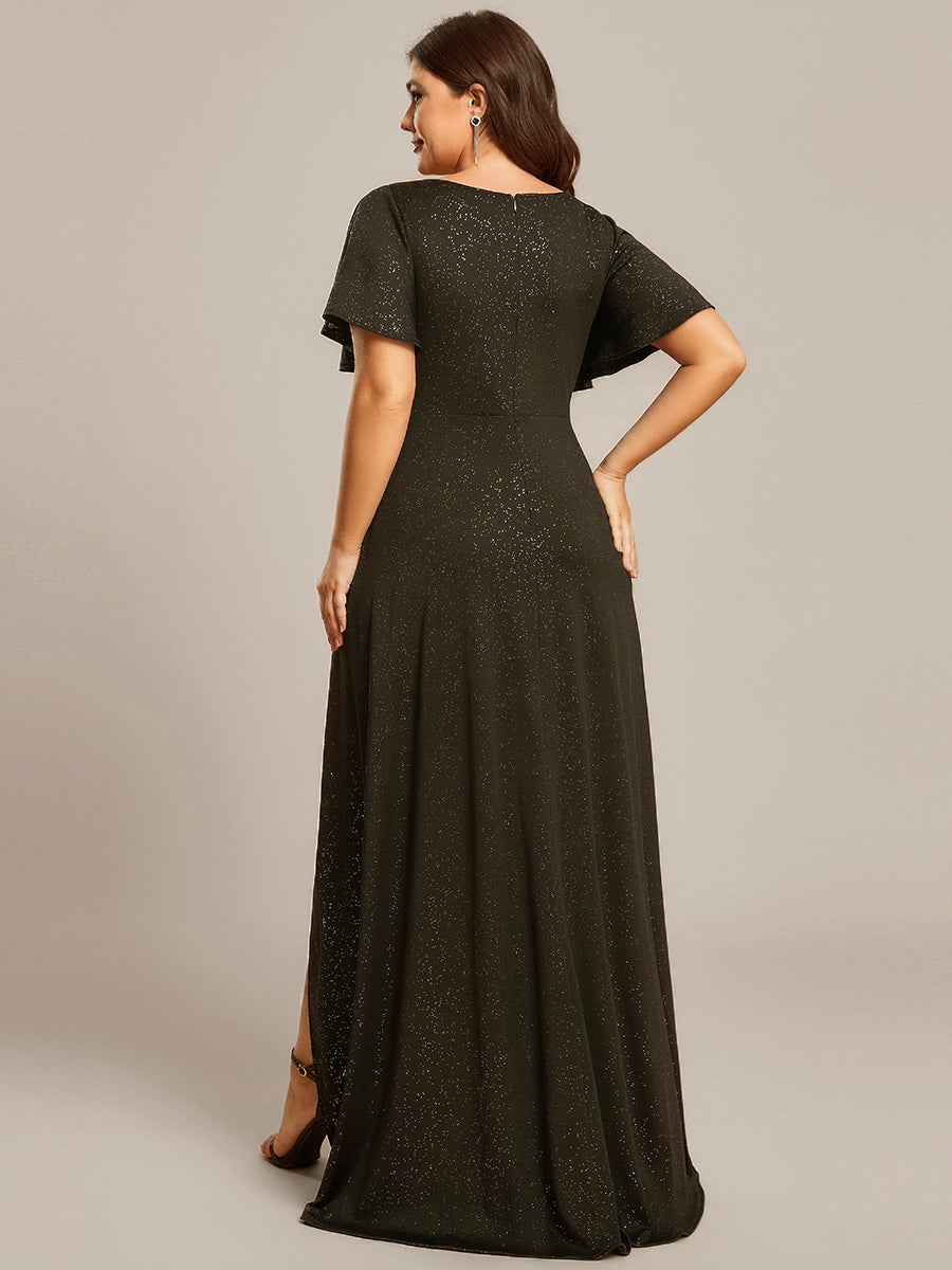 pretty MELODÉ|Plus Size Glitter Ruffled High-Low Front Slit Evening Dress