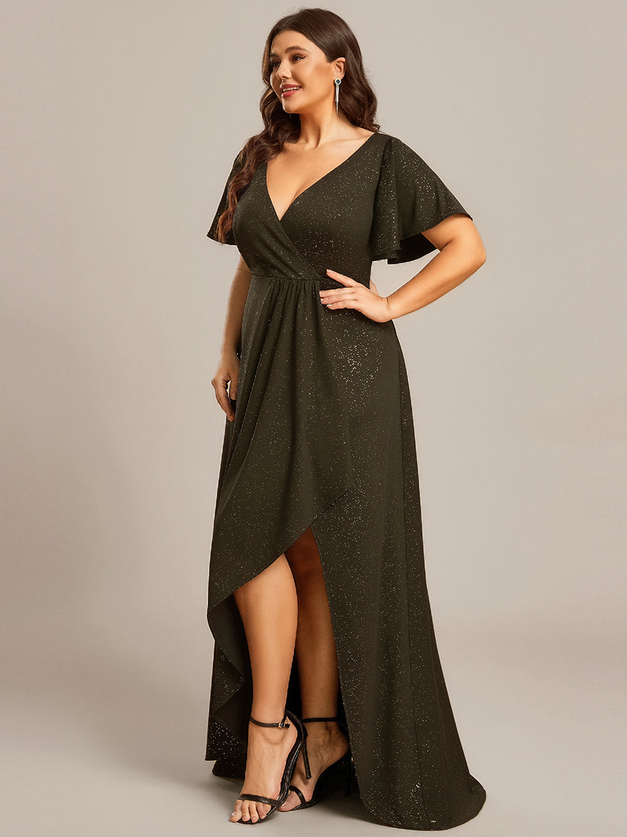 pretty MELODÉ|Plus Size Glitter Ruffled High-Low Front Slit Evening Dress