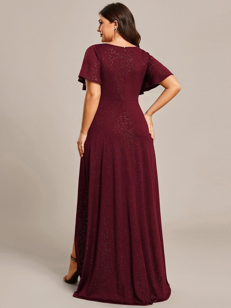 pretty MELODÉ|Plus Size Glitter Ruffled High-Low Front Slit Evening Dress