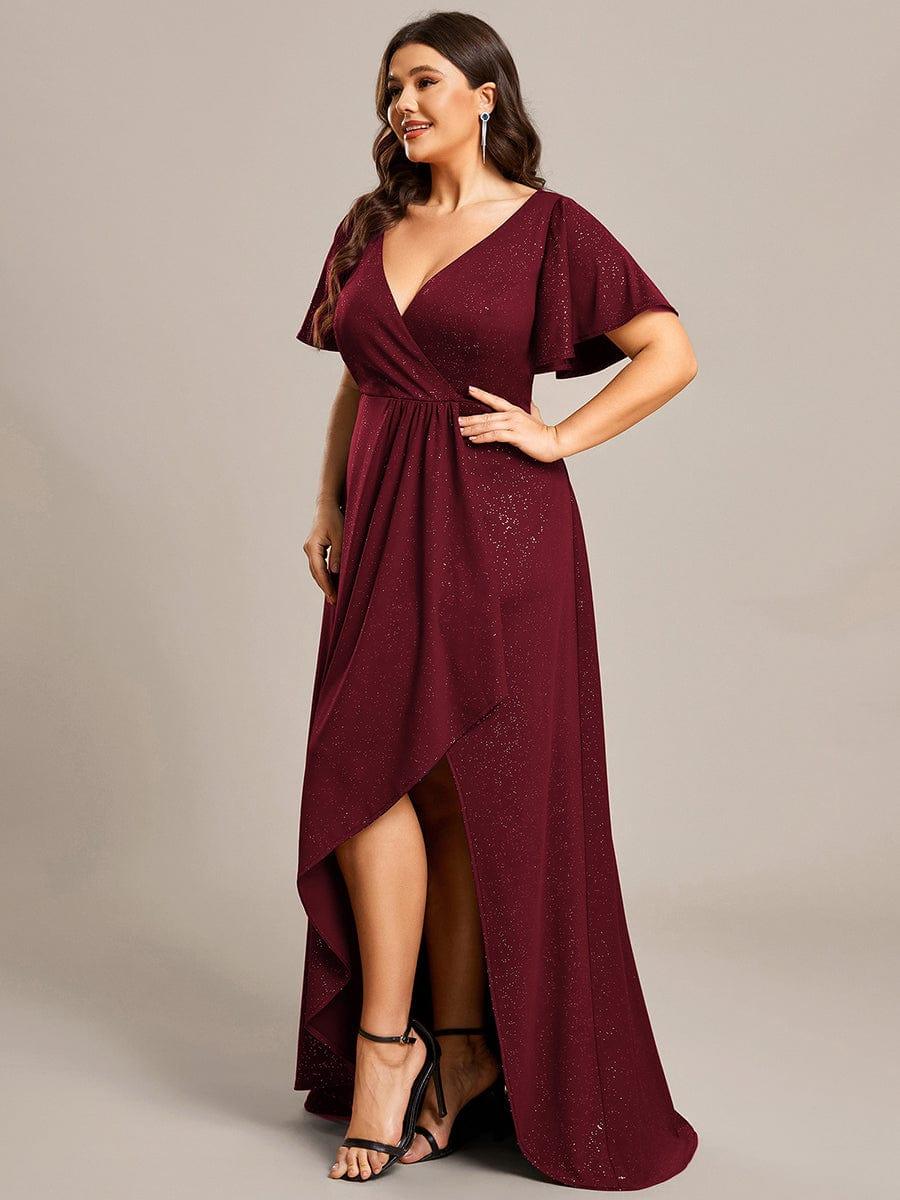 pretty MELODÉ|Plus Size Glitter Ruffled High-Low Front Slit Evening Dress