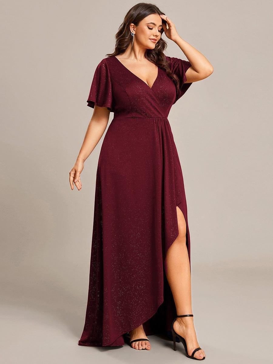 pretty MELODÉ|Plus Size Glitter Ruffled High-Low Front Slit Evening Dress