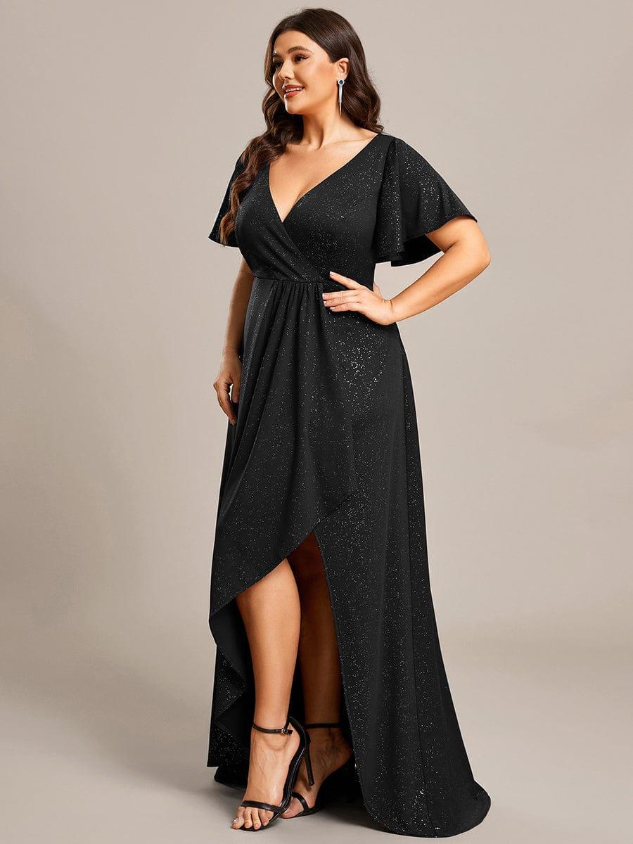 pretty MELODÉ|Plus Size Glitter Ruffled High-Low Front Slit Evening Dress