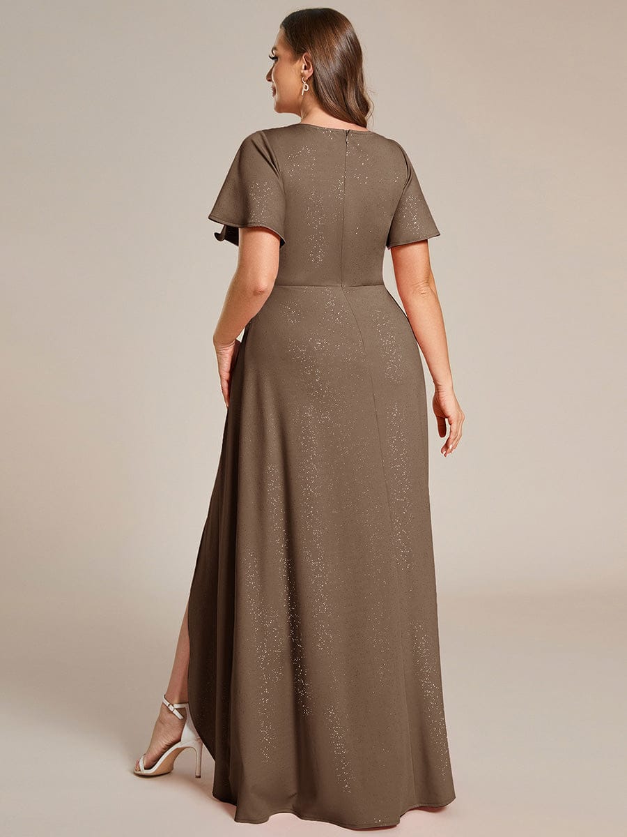 pretty MELODÉ|Plus Size Glitter Ruffled High-Low Front Slit Evening Dress