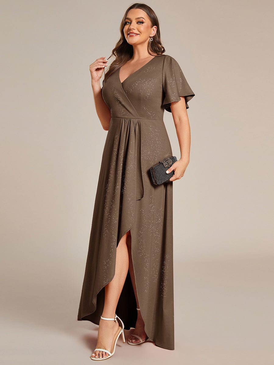 pretty MELODÉ|Plus Size Glitter Ruffled High-Low Front Slit Evening Dress