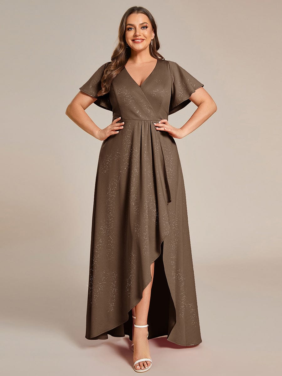 pretty MELODÉ|Plus Size Glitter Ruffled High-Low Front Slit Evening Dress