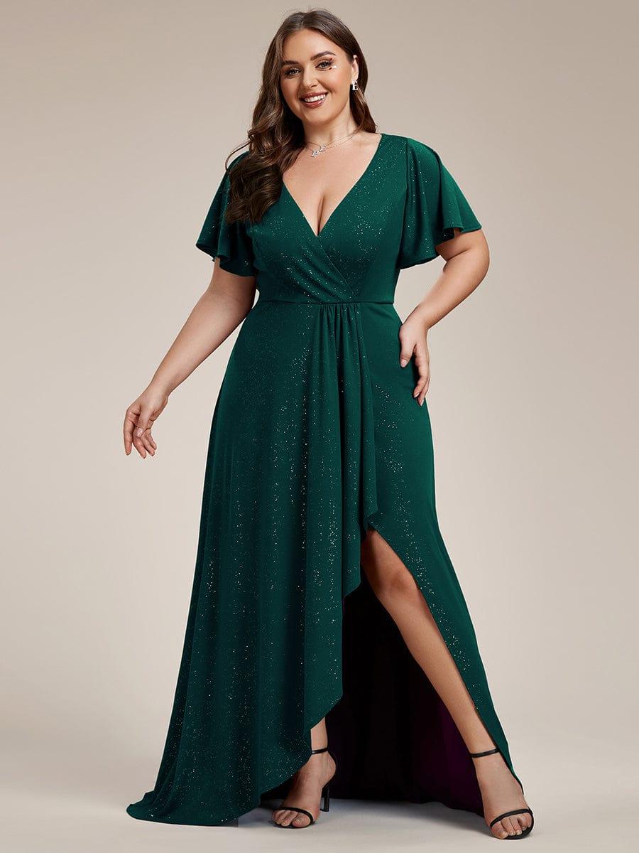 pretty MELODÉ|Plus Size Glitter Ruffled High-Low Front Slit Evening Dress