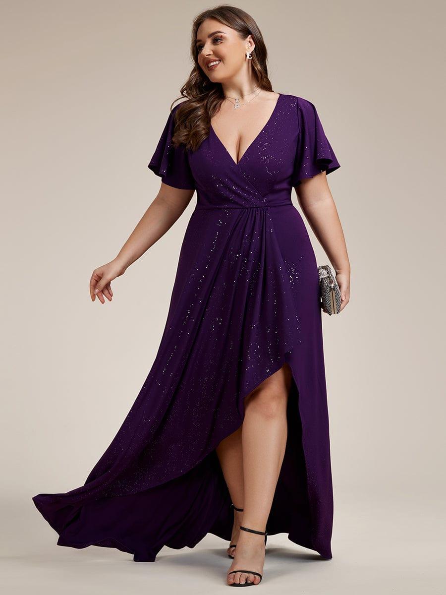 pretty MELODÉ|Plus Size Glitter Ruffled High-Low Front Slit Evening Dress