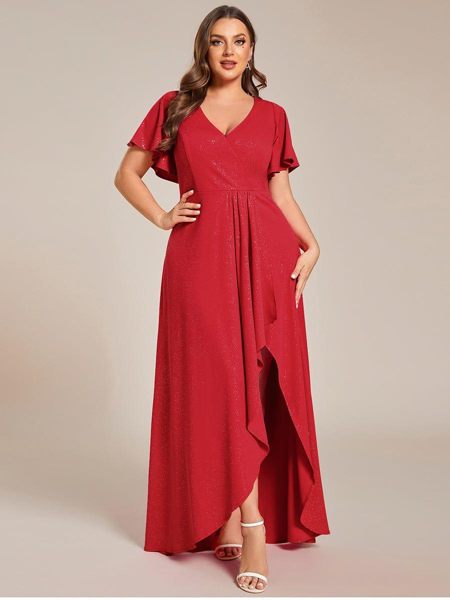 pretty MELODÉ|Plus Size Glitter Ruffled High-Low Front Slit Evening Dress