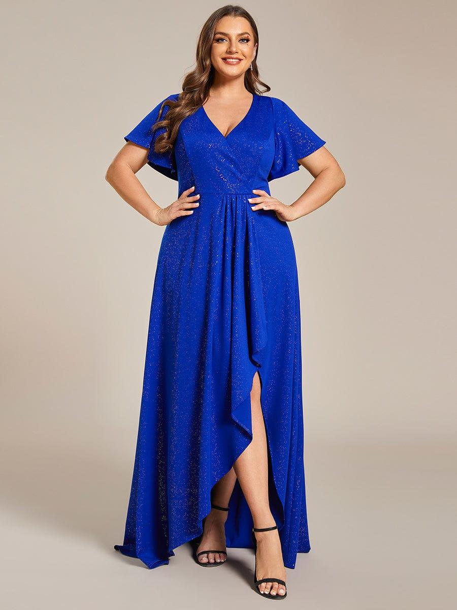 pretty MELODÉ|Plus Size Glitter Ruffled High-Low Front Slit Evening Dress
