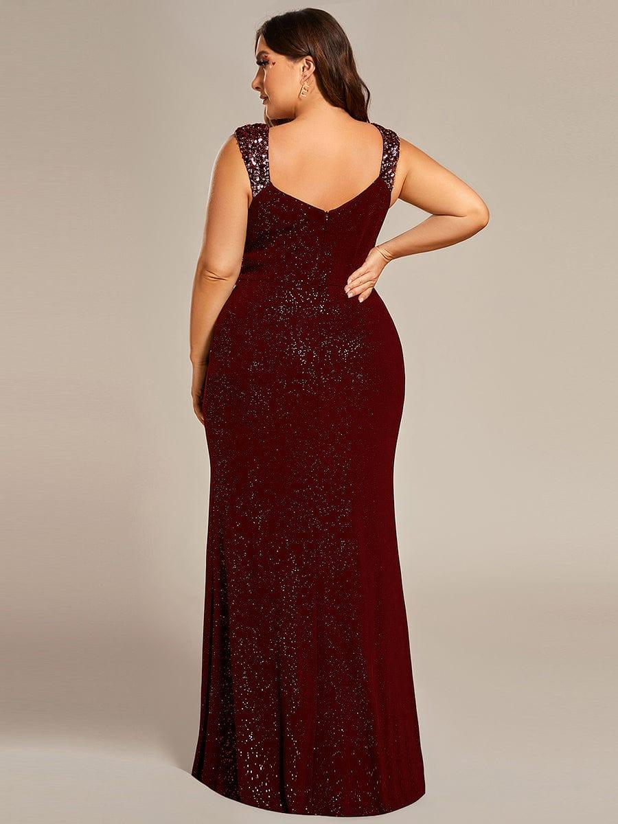pretty NOIRE|Plus Size Glitter V-Neck High Slit Sequin Shoulder Strap Evening Dress