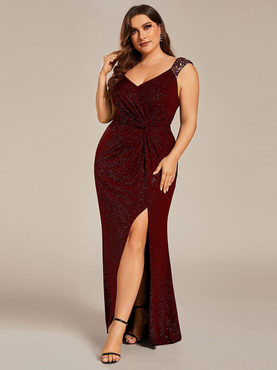 pretty NOIRE|Plus Size Glitter V-Neck High Slit Sequin Shoulder Strap Evening Dress