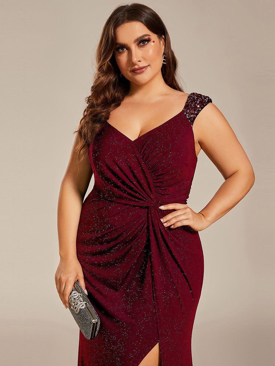 pretty NOIRE|Plus Size Glitter V-Neck High Slit Sequin Shoulder Strap Evening Dress