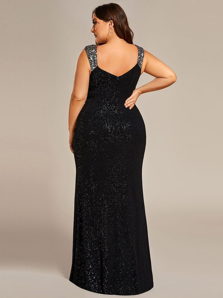 pretty NOIRE|Plus Size Glitter V-Neck High Slit Sequin Shoulder Strap Evening Dress