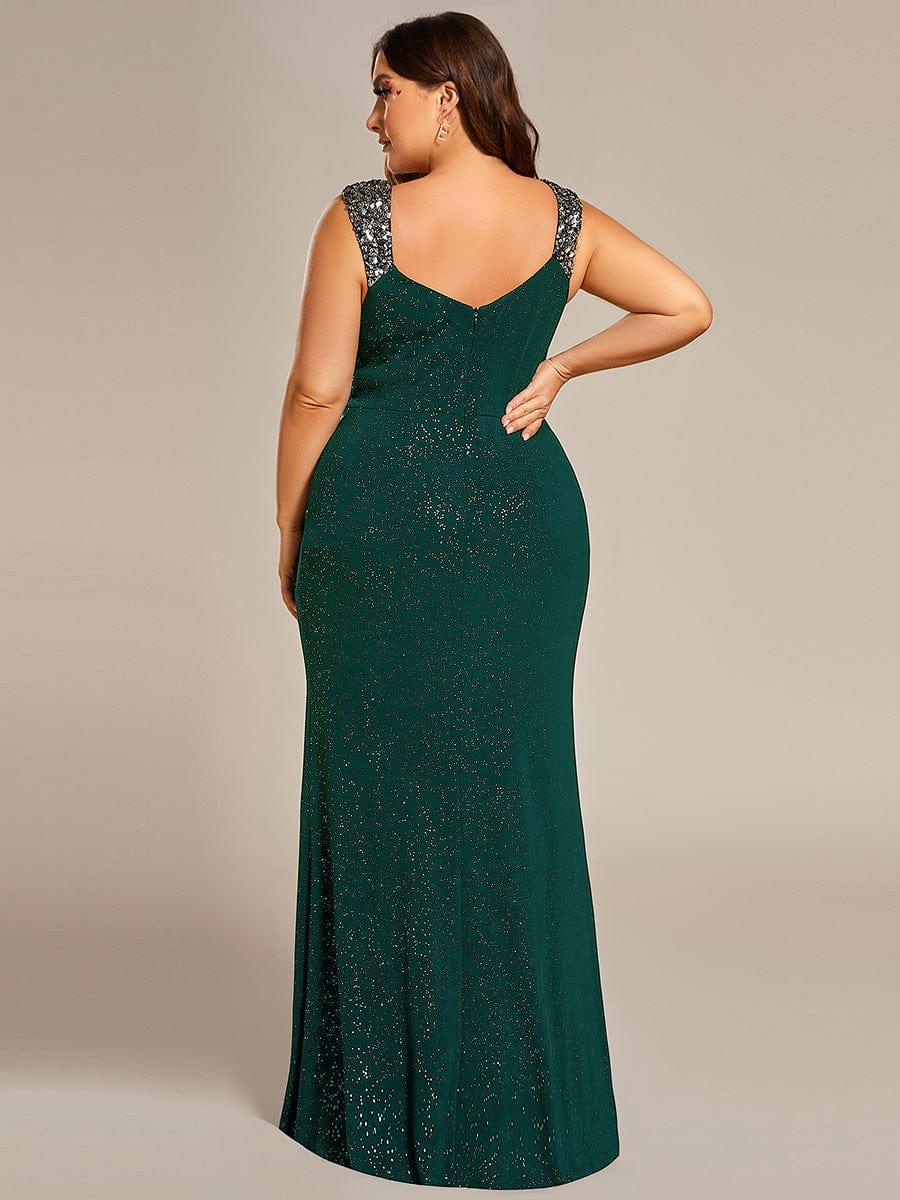 pretty NOIRE|Plus Size Glitter V-Neck High Slit Sequin Shoulder Strap Evening Dress