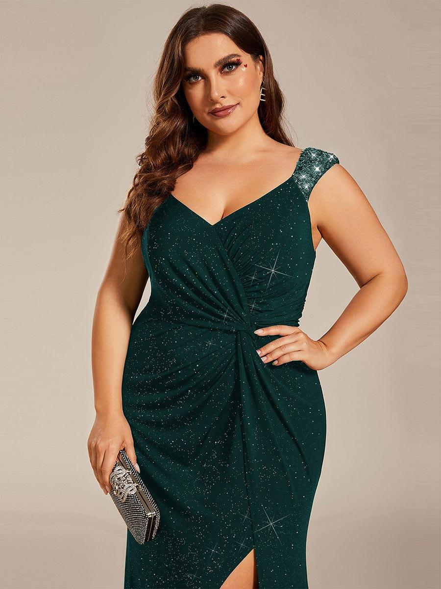 pretty NOIRE|Plus Size Sequin Shoulder Strap Wedding Guest Dress with Side Slit