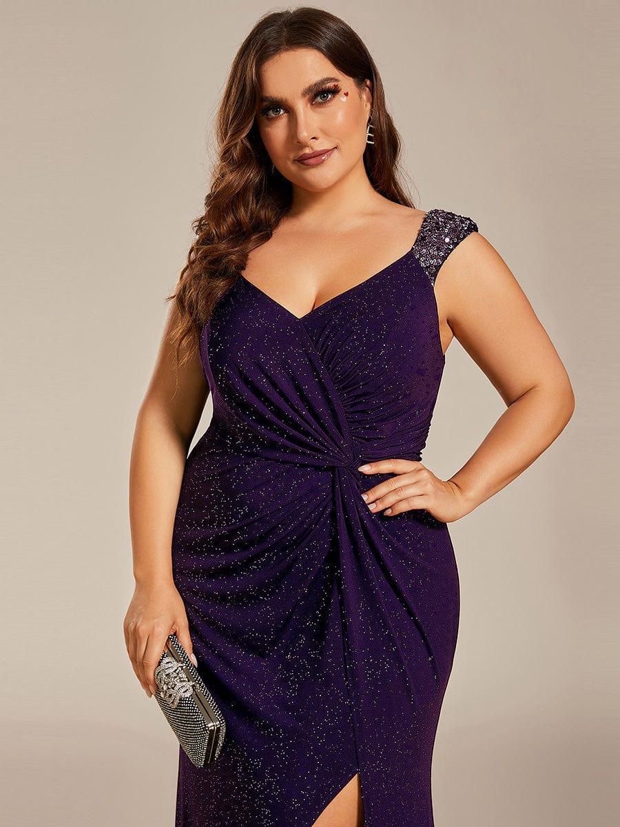 pretty NOIRE|Plus Size Glitter V-Neck High Slit Sequin Shoulder Strap Evening Dress