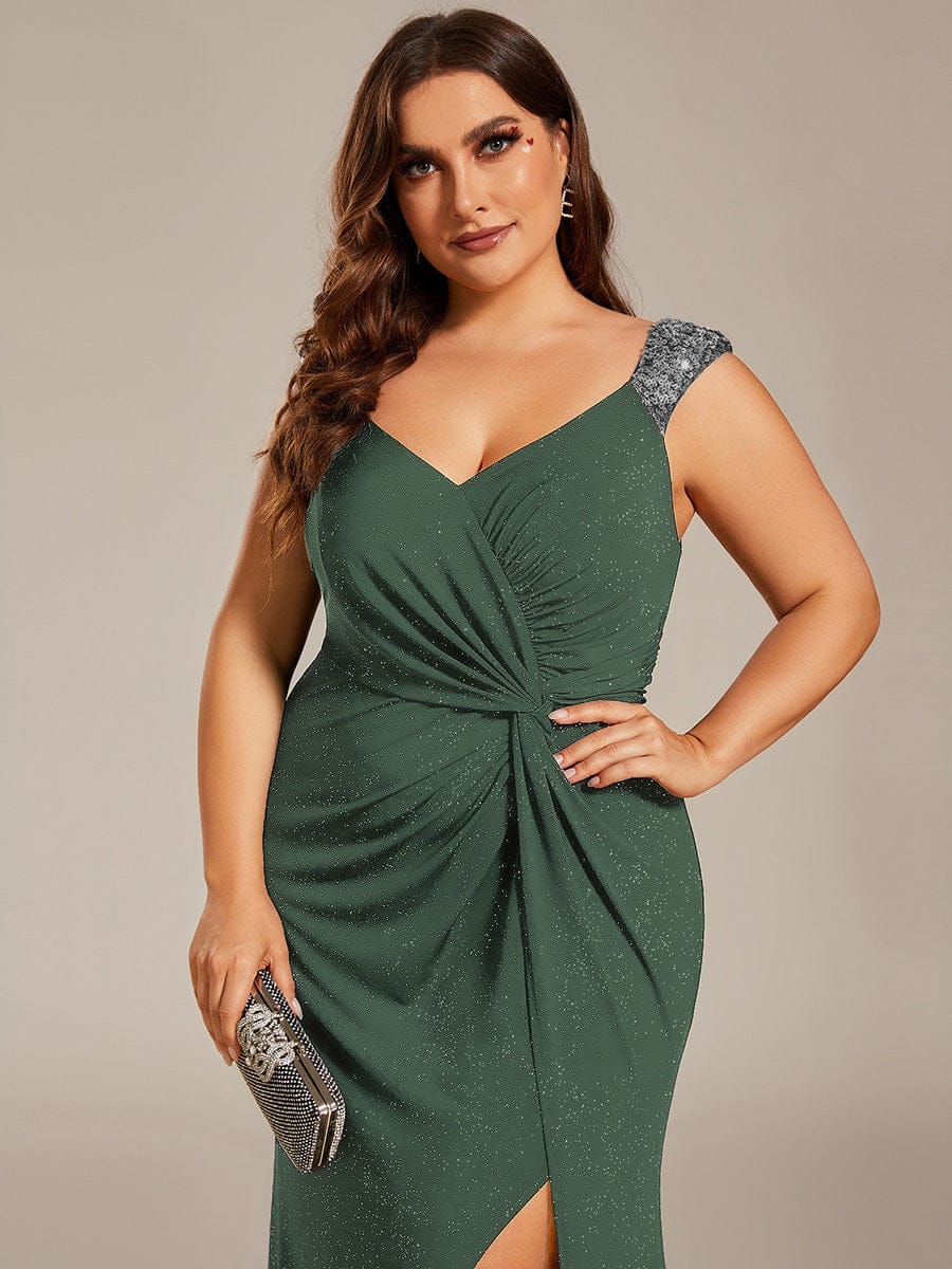 pretty NOIRE|Plus Size Glitter V-Neck High Slit Sequin Shoulder Strap Evening Dress
