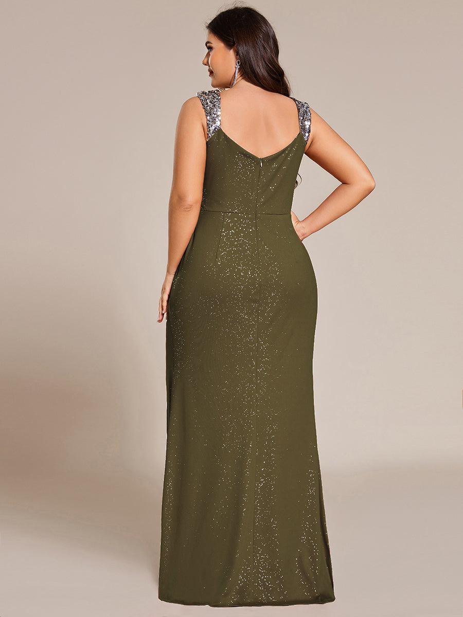 pretty NOIRE|Plus Size Glitter V-Neck High Slit Sequin Shoulder Strap Evening Dress