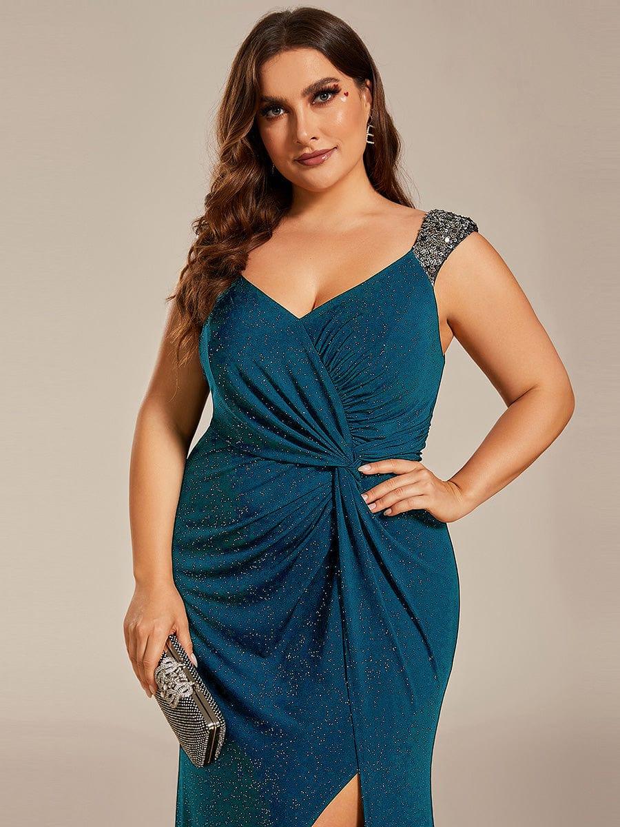 pretty NOIRE|Plus Size Glitter V-Neck High Slit Sequin Shoulder Strap Evening Dress