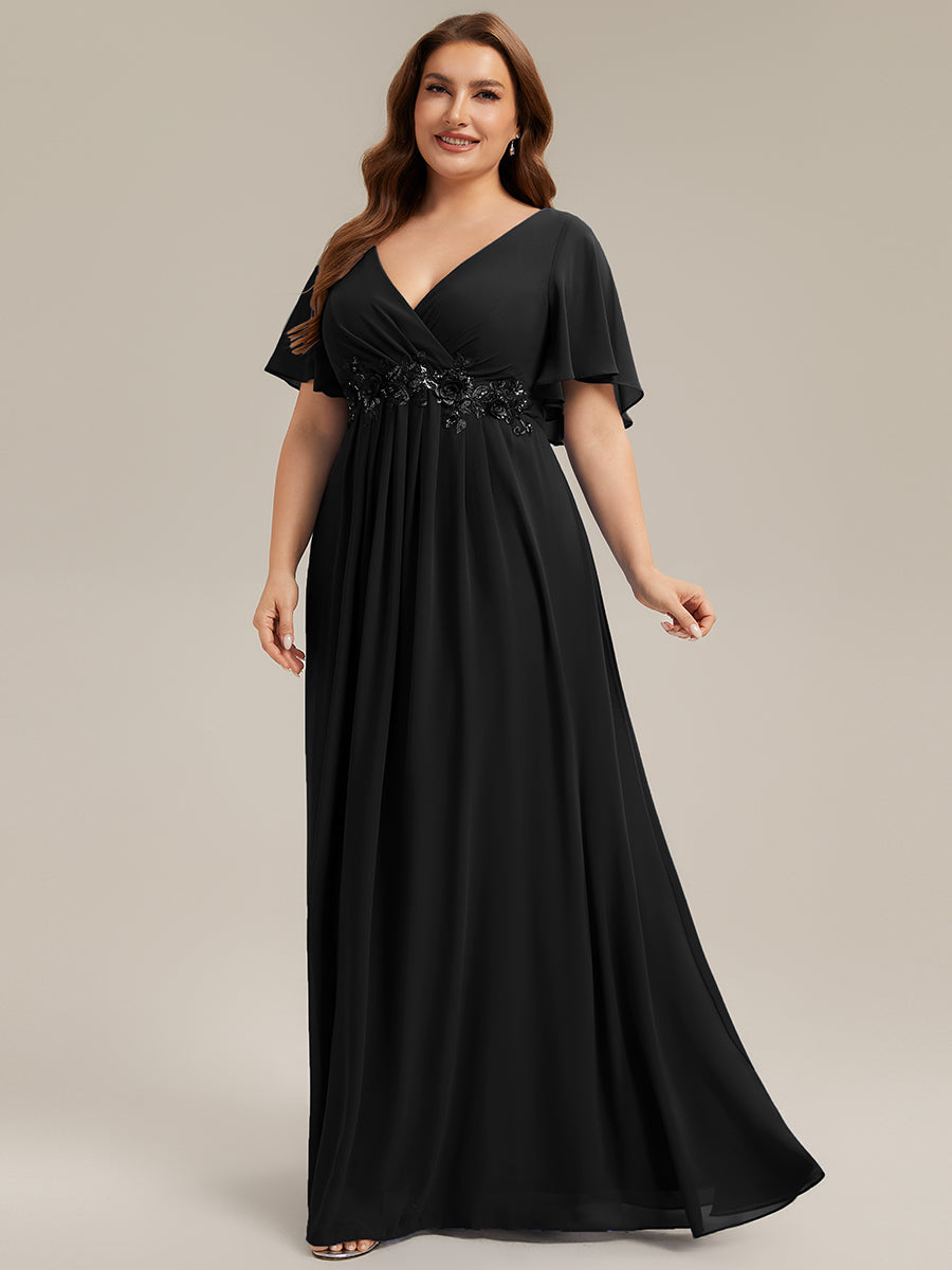 pretty IVYROSE|Plus Size Floral Applique Short Sleeve A-Line Chiffon Formal Evening Dress