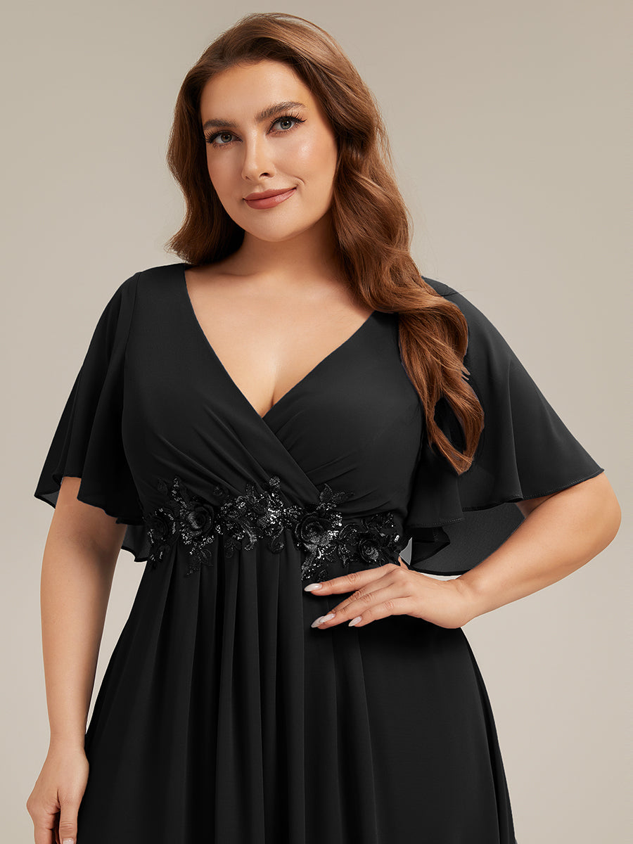 pretty IVYROSE|Plus Size Floral Applique Short Sleeve A-Line Chiffon Formal Evening Dress