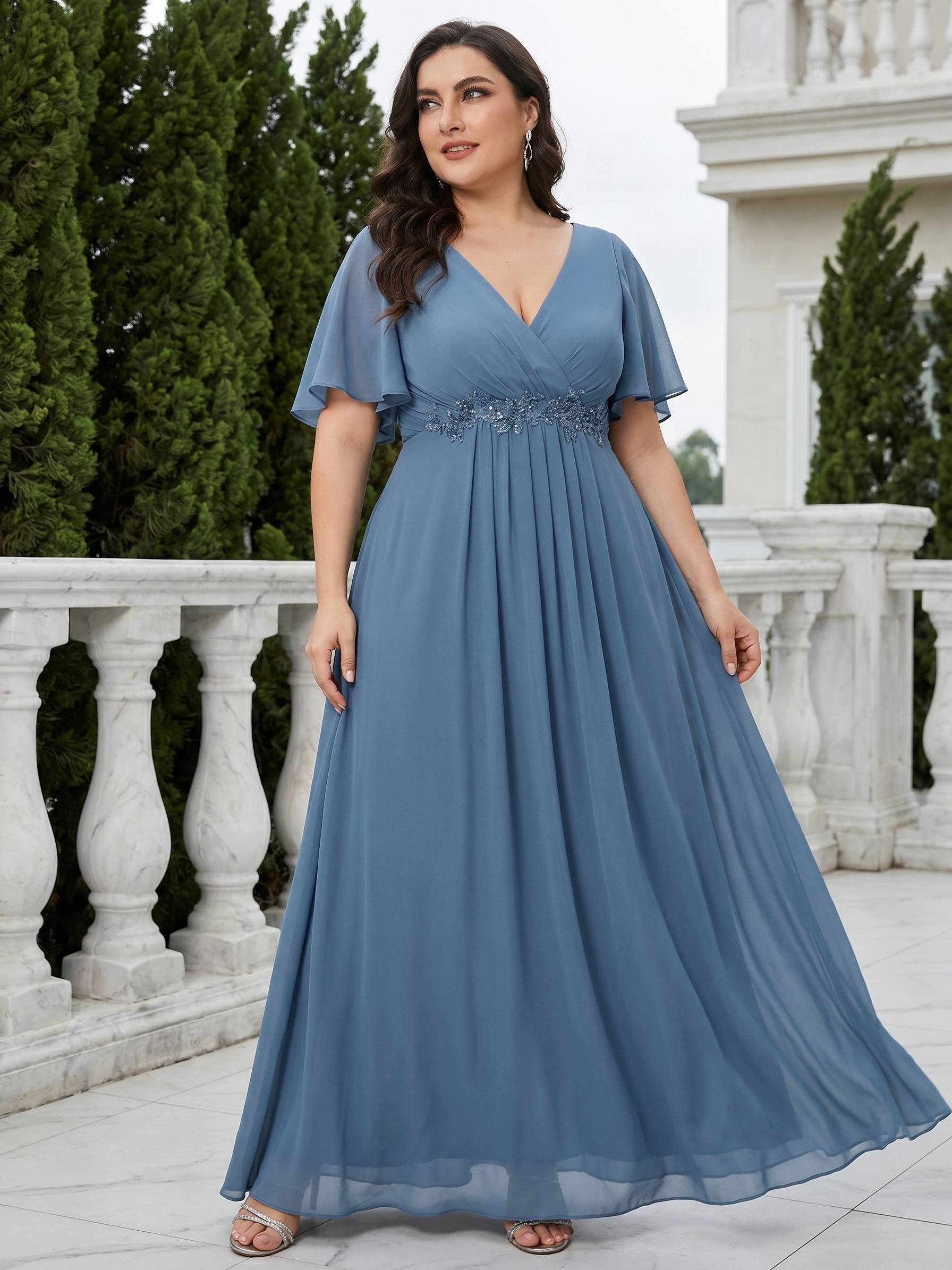 pretty IVYROSE|Plus Size Floral Applique Short Sleeve A-Line Chiffon Formal Evening Dress